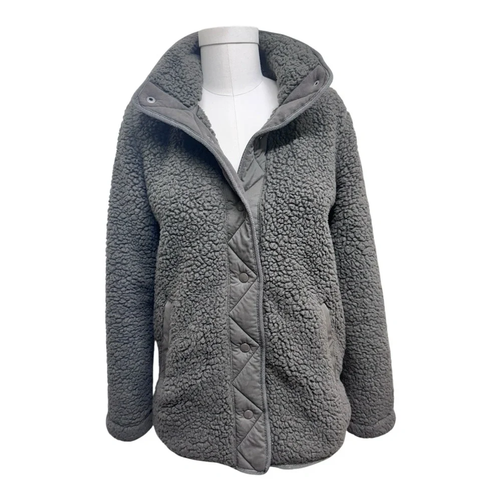 Abercrombie & Fitch Sherpa Nylon Snap Up Jacket, Size Small, Teddy coat, Green - Picture 3 of 15